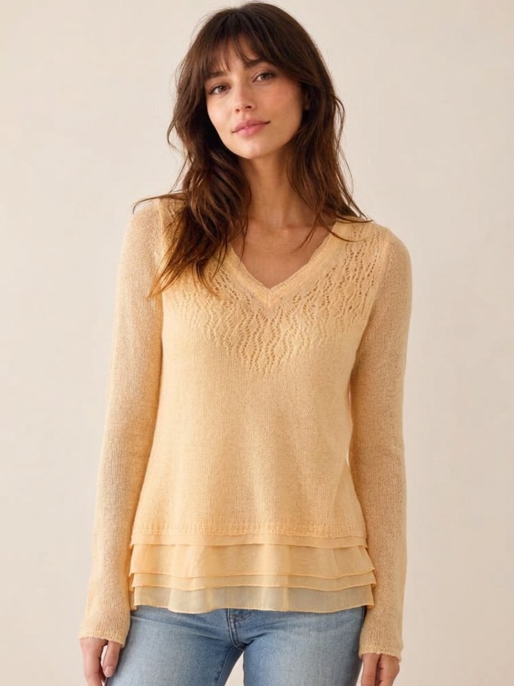 NWOT Anthropologie Knitted & Knotted Alessia Sweater Peach Wool Sheer Fall Boho